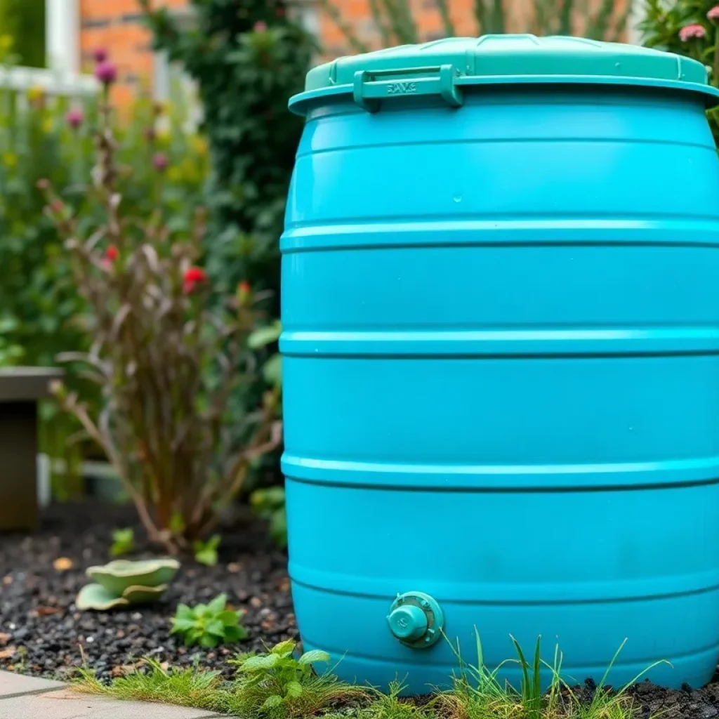 A vibrant rain barrel collecting rainwater in a garden.