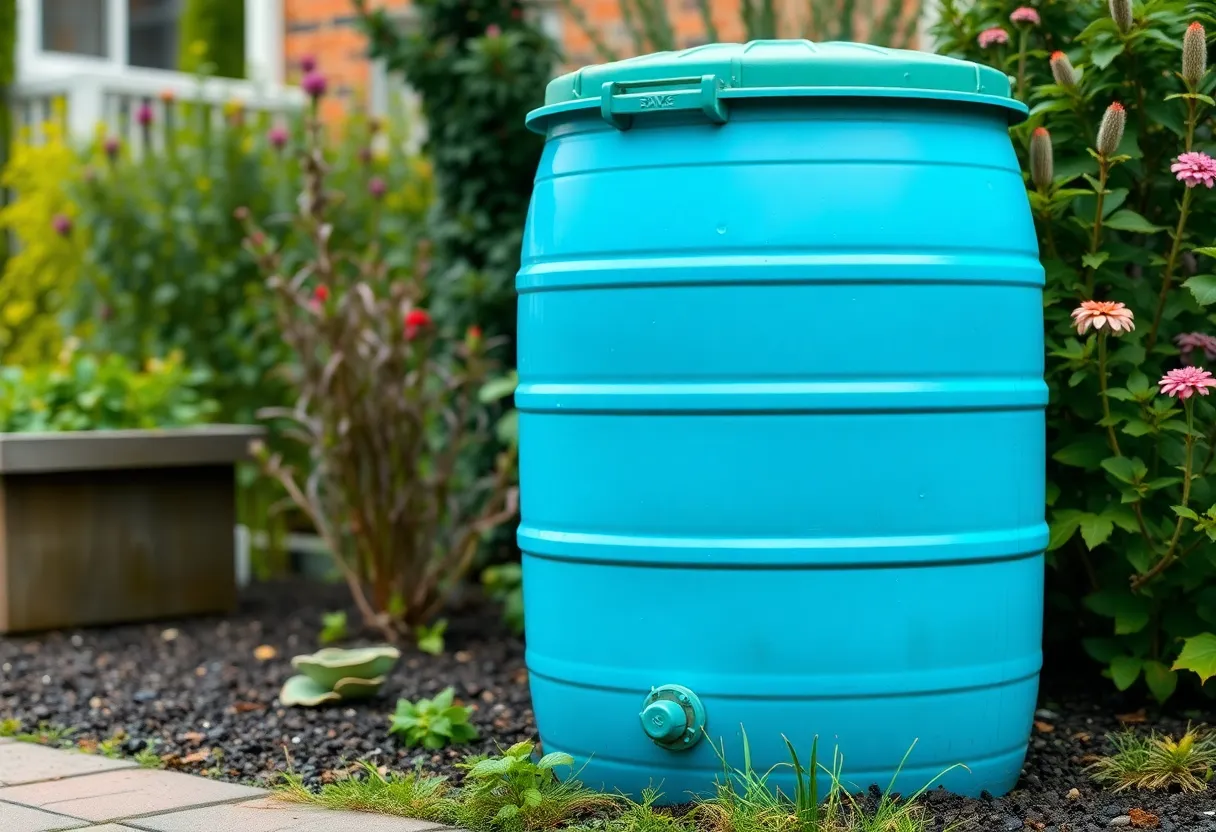 A vibrant rain barrel collecting rainwater in a garden.