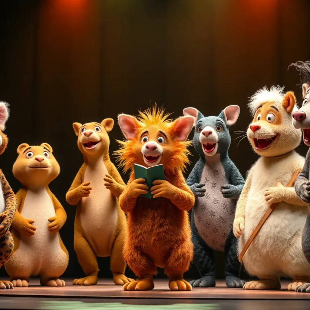 Comedic animal characters performing in Roo's Menagerie show