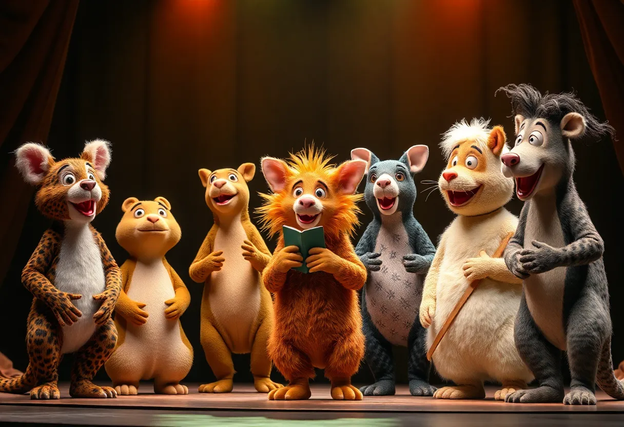 Comedic animal characters performing in Roo's Menagerie show