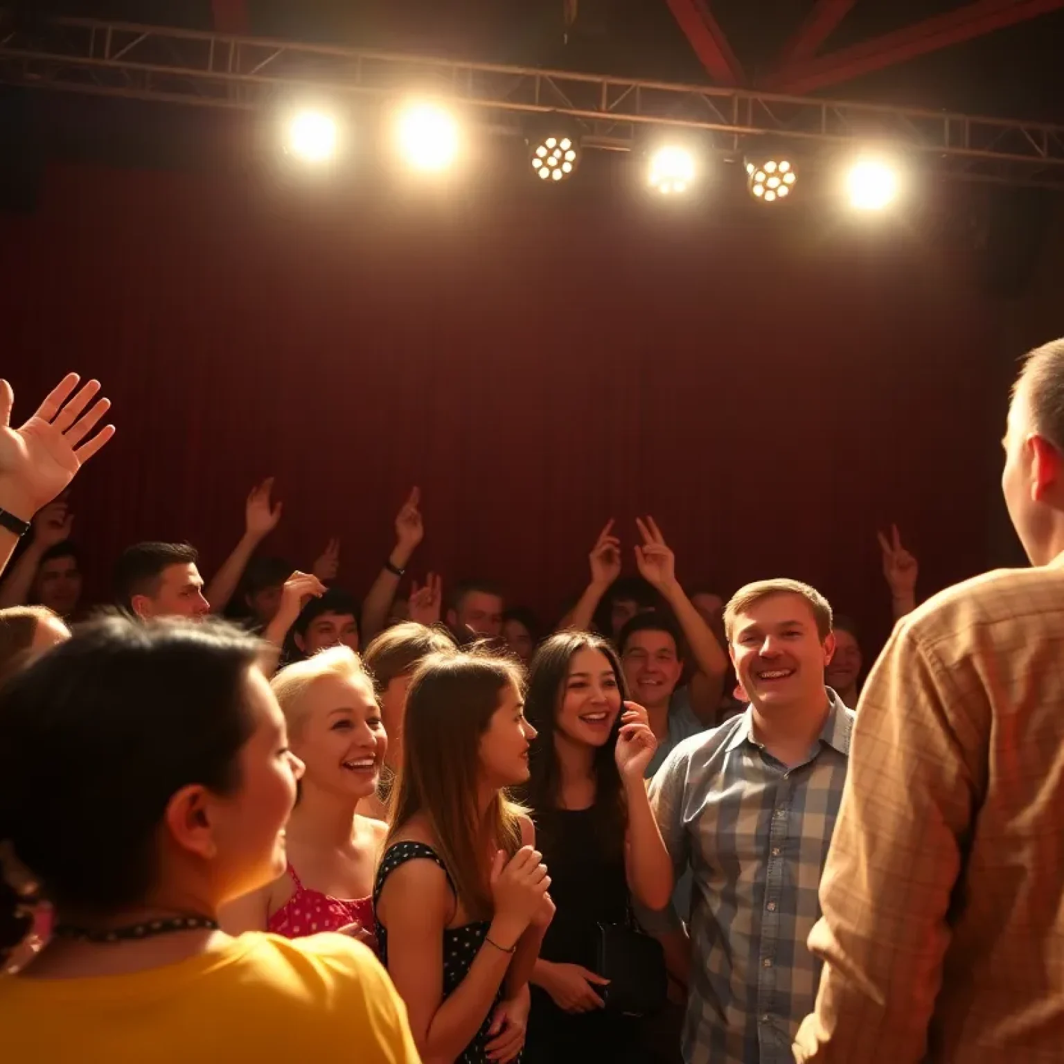An ensemble of comedians performing at a theater with an engaged audience