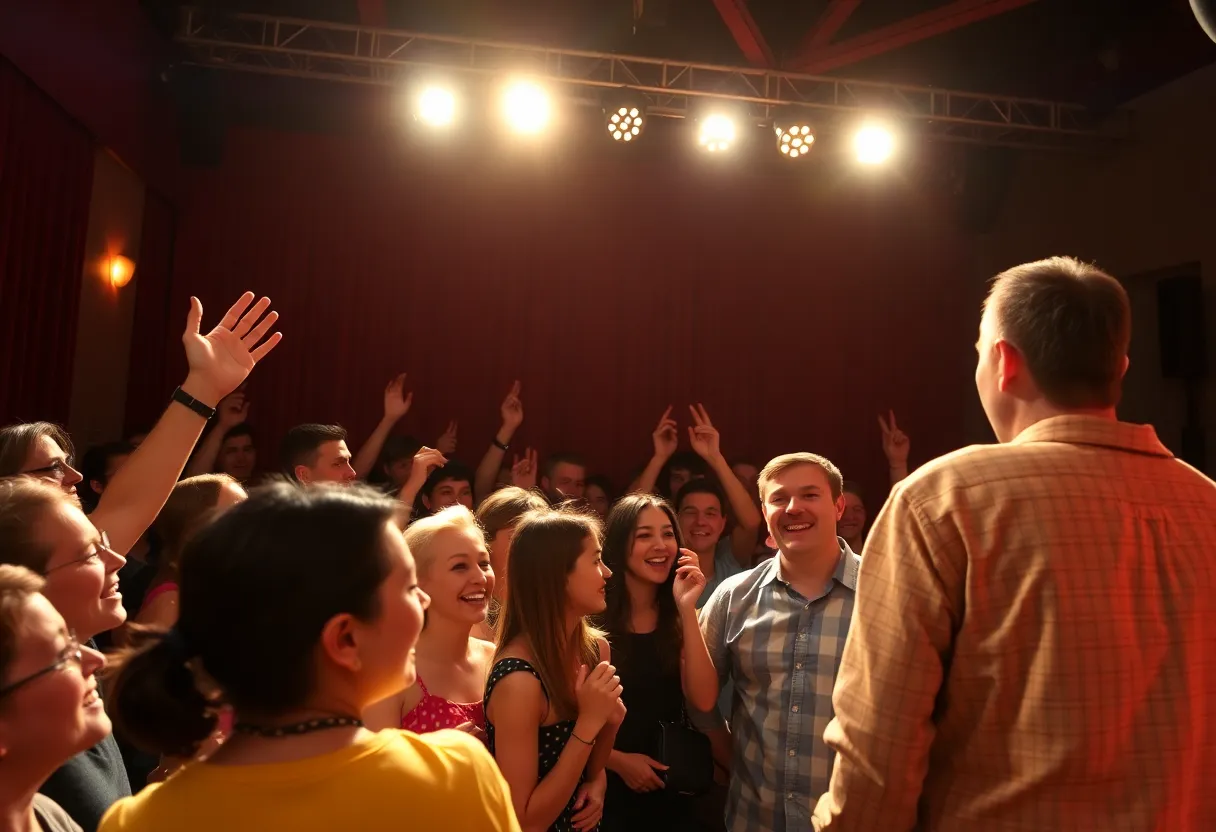 An ensemble of comedians performing at a theater with an engaged audience