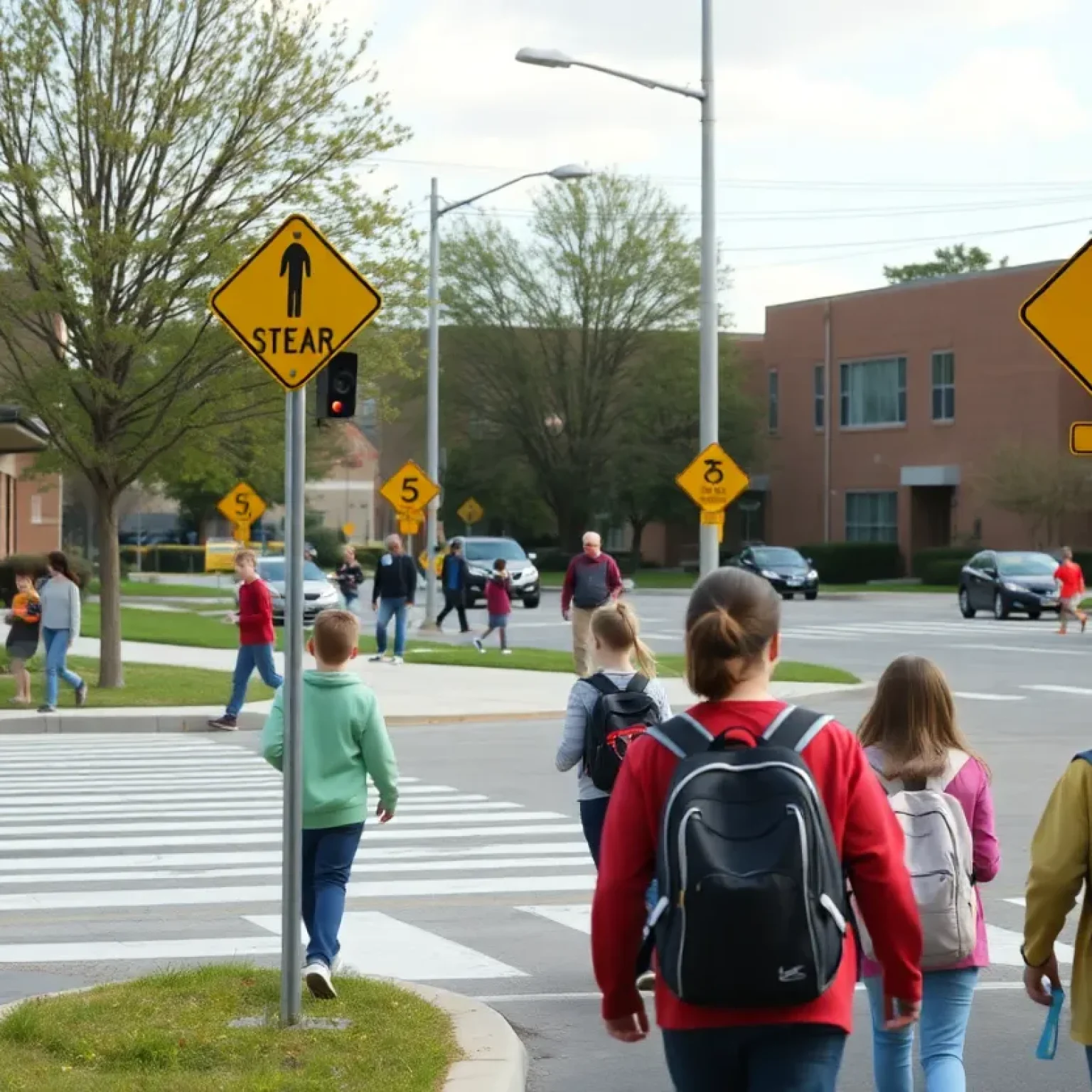 School zone with students walking and safety signage