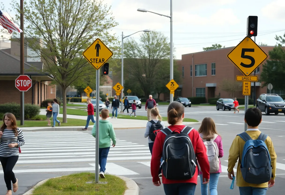 School zone with students walking and safety signage