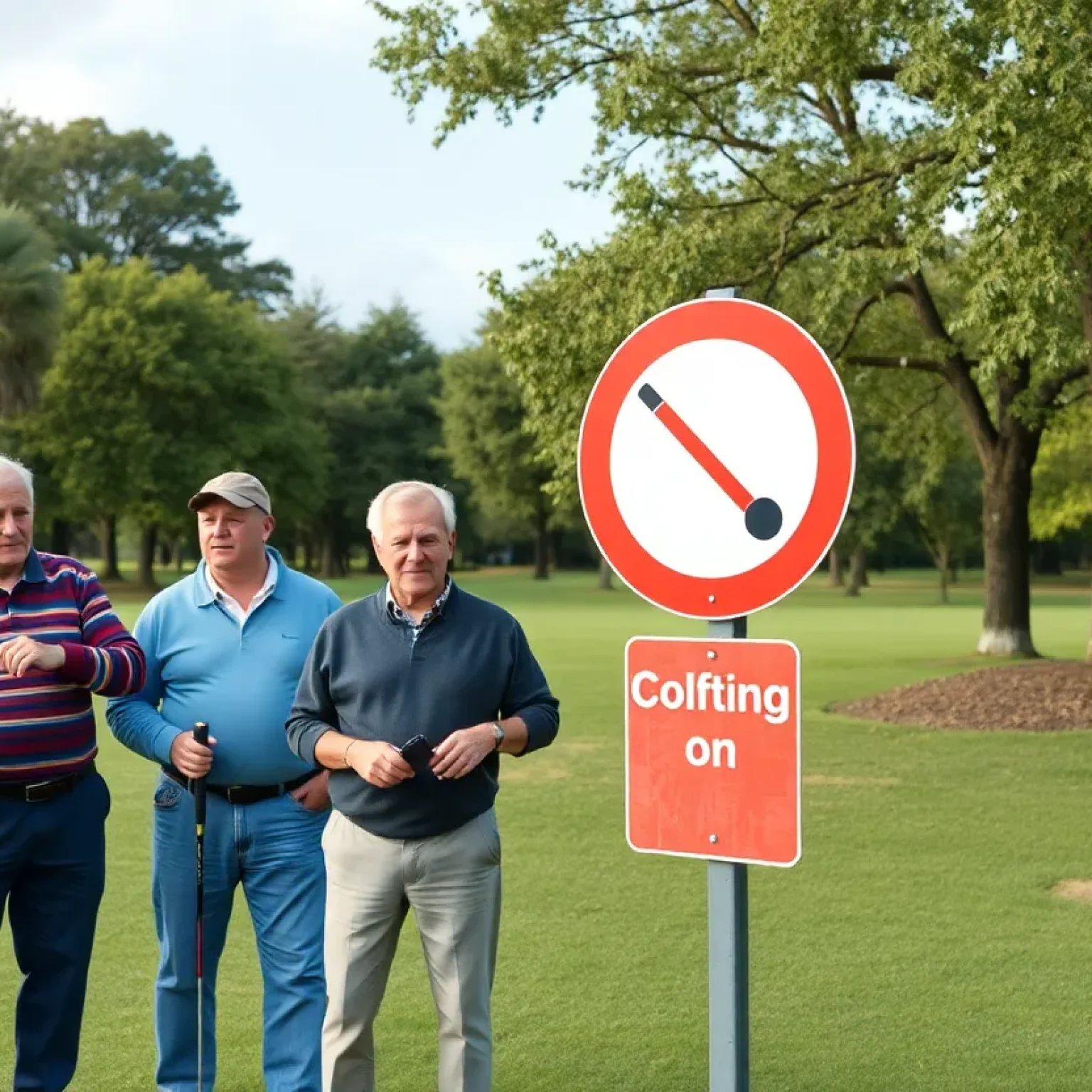 Seniors looking at No Golfing sign in a park