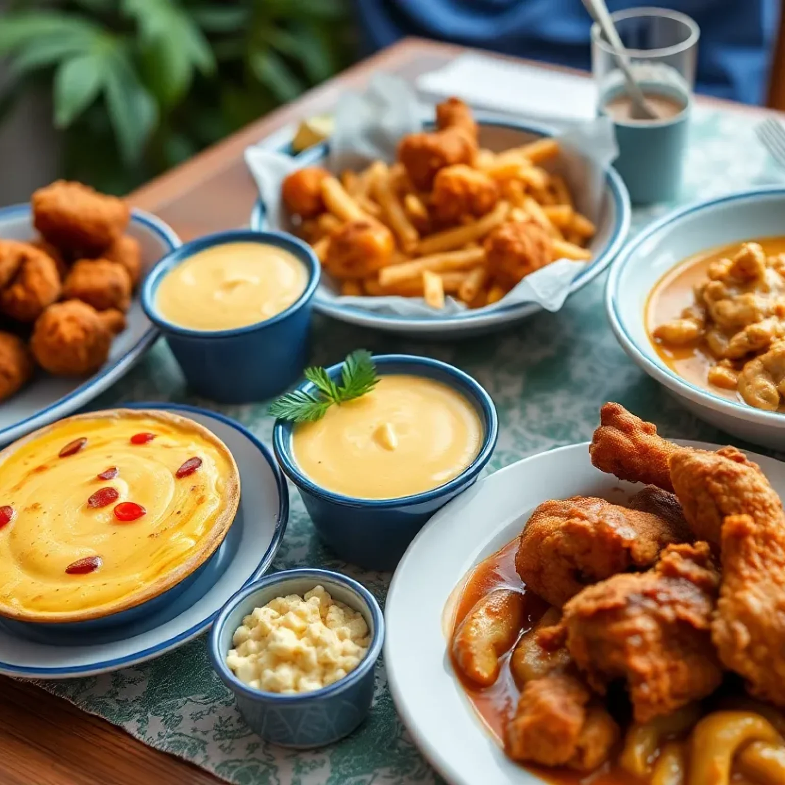 A table with various Southern dishes, including fried chicken and pimento cheese dip.