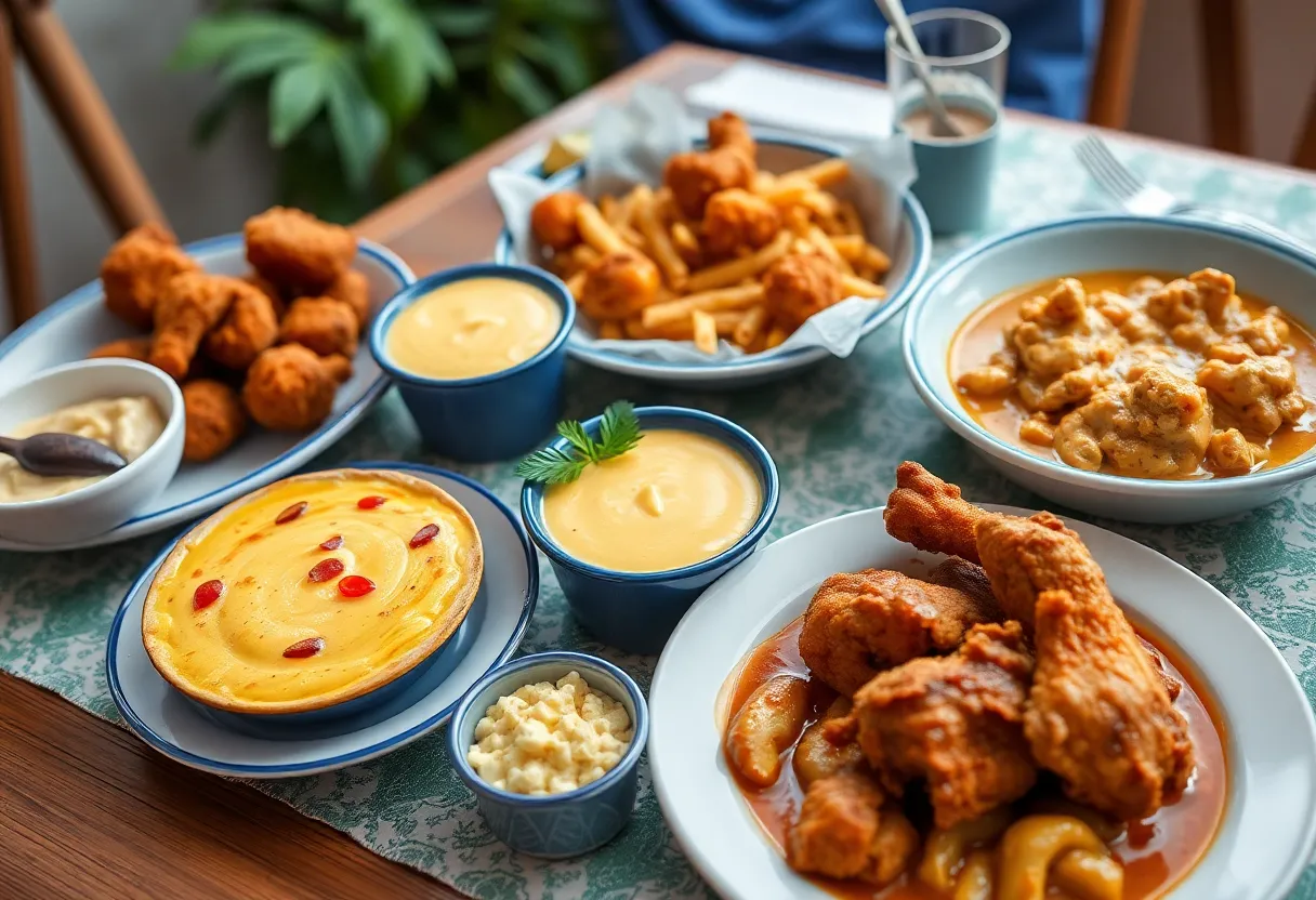 A table with various Southern dishes, including fried chicken and pimento cheese dip.