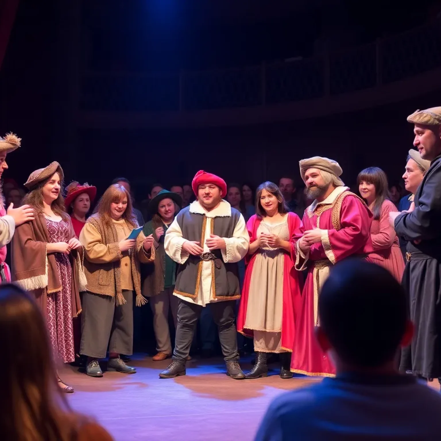Theater actors in improvised Shakespearean attire performing on stage