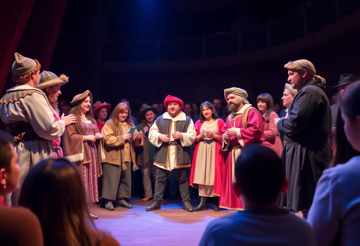 Theater actors in improvised Shakespearean attire performing on stage