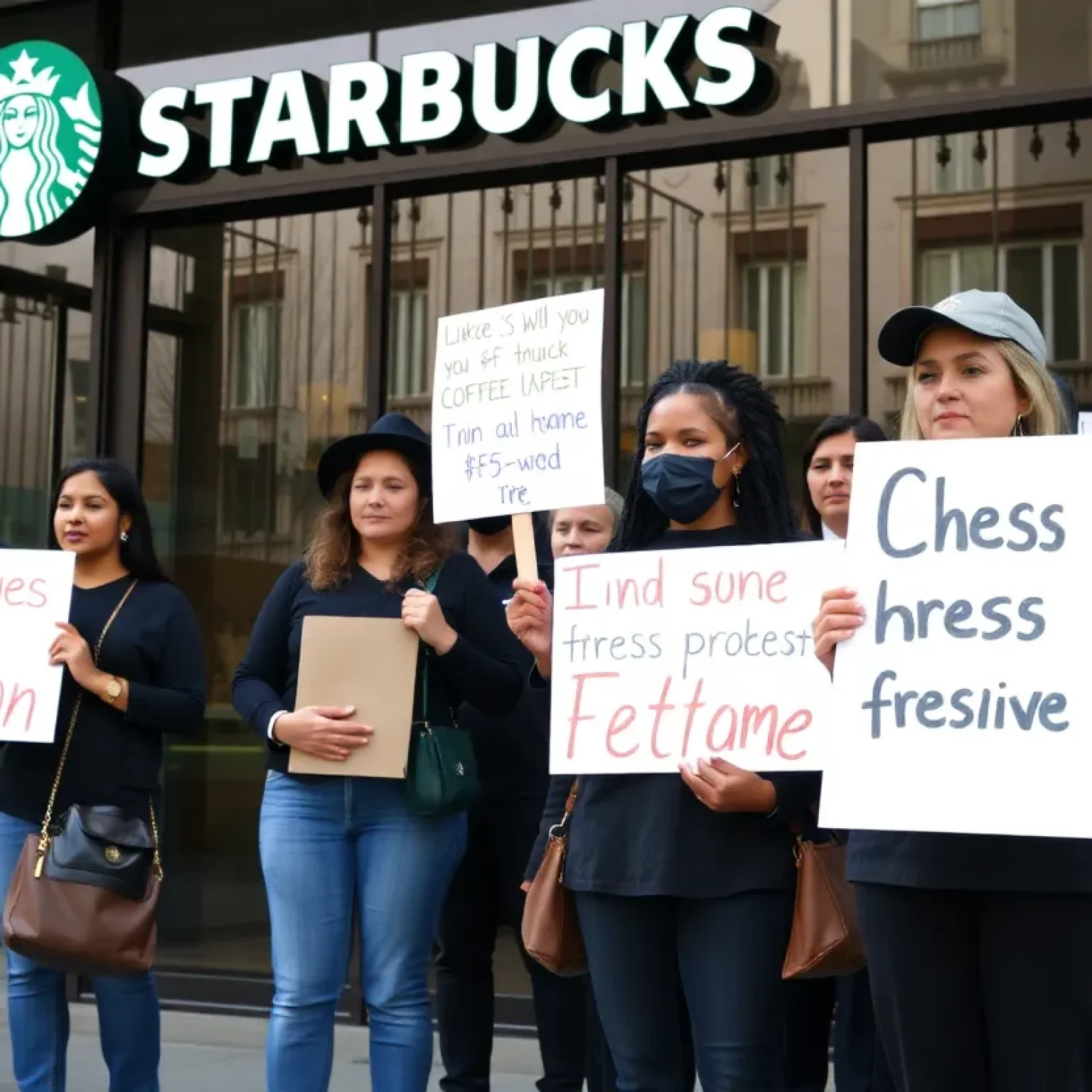 Starbucks workers protesting dress code changes outside a store