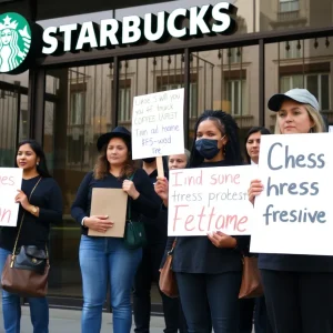 Starbucks workers protesting dress code changes outside a store