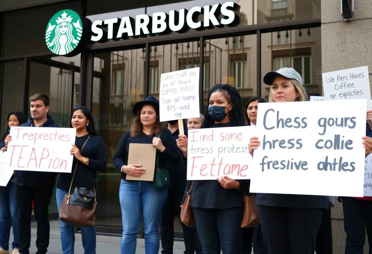 Starbucks workers protesting dress code changes outside a store
