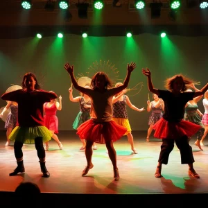 A lively performance scene from the STOMP show featuring performers using everyday objects.