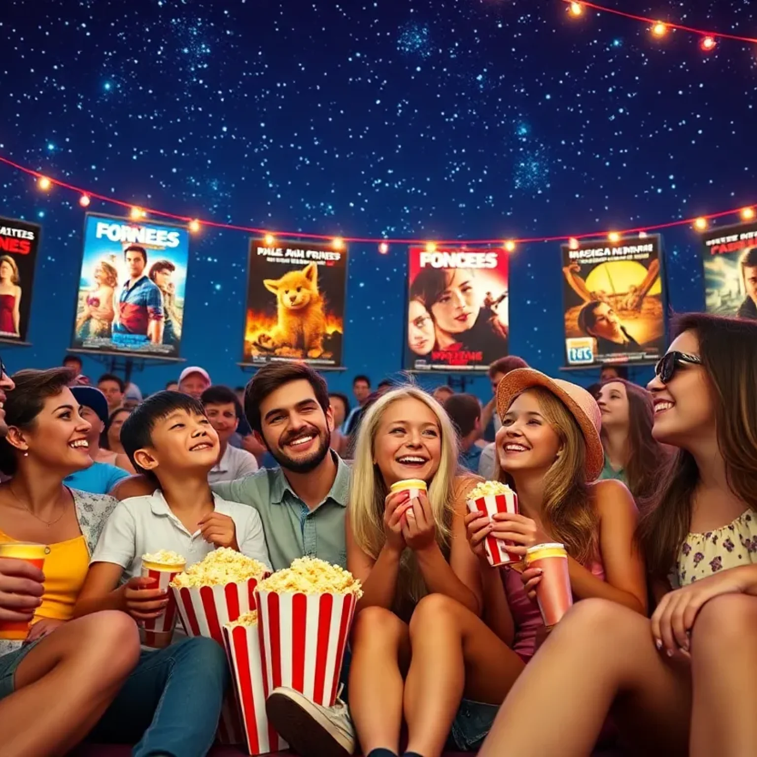 Families enjoying the summer movie season outdoors