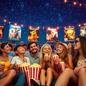 Families enjoying the summer movie season outdoors