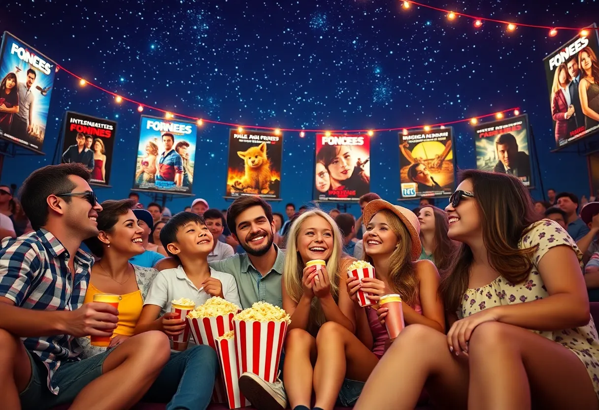 Families enjoying the summer movie season outdoors