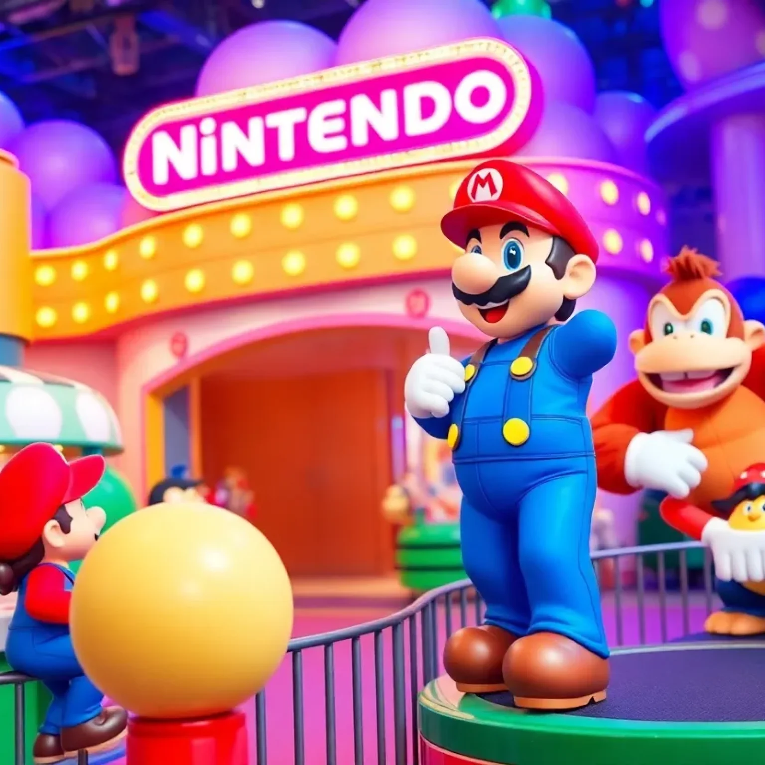 Attraction scene from Super Nintendo World featuring characters from Nintendo games.
