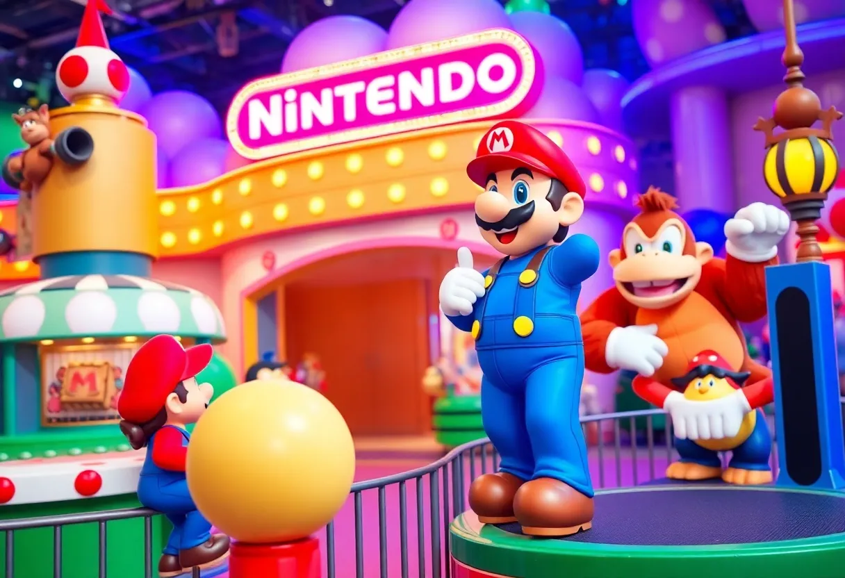 Attraction scene from Super Nintendo World featuring characters from Nintendo games.