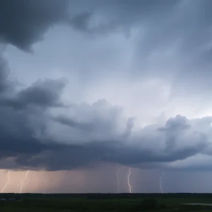 Thunderstorm clouds with lightning over Central Florida landscape