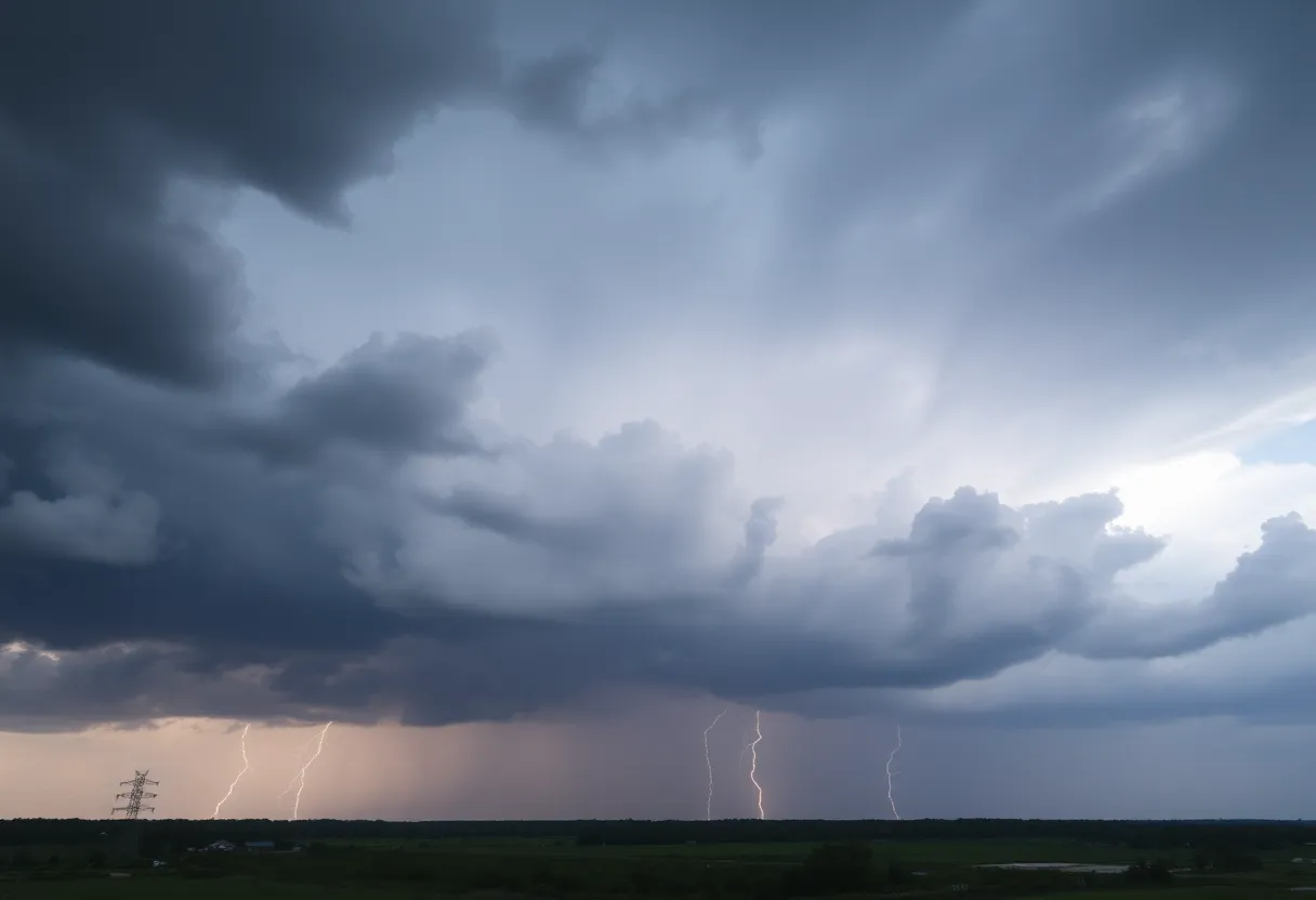 Thunderstorm clouds with lightning over Central Florida landscape