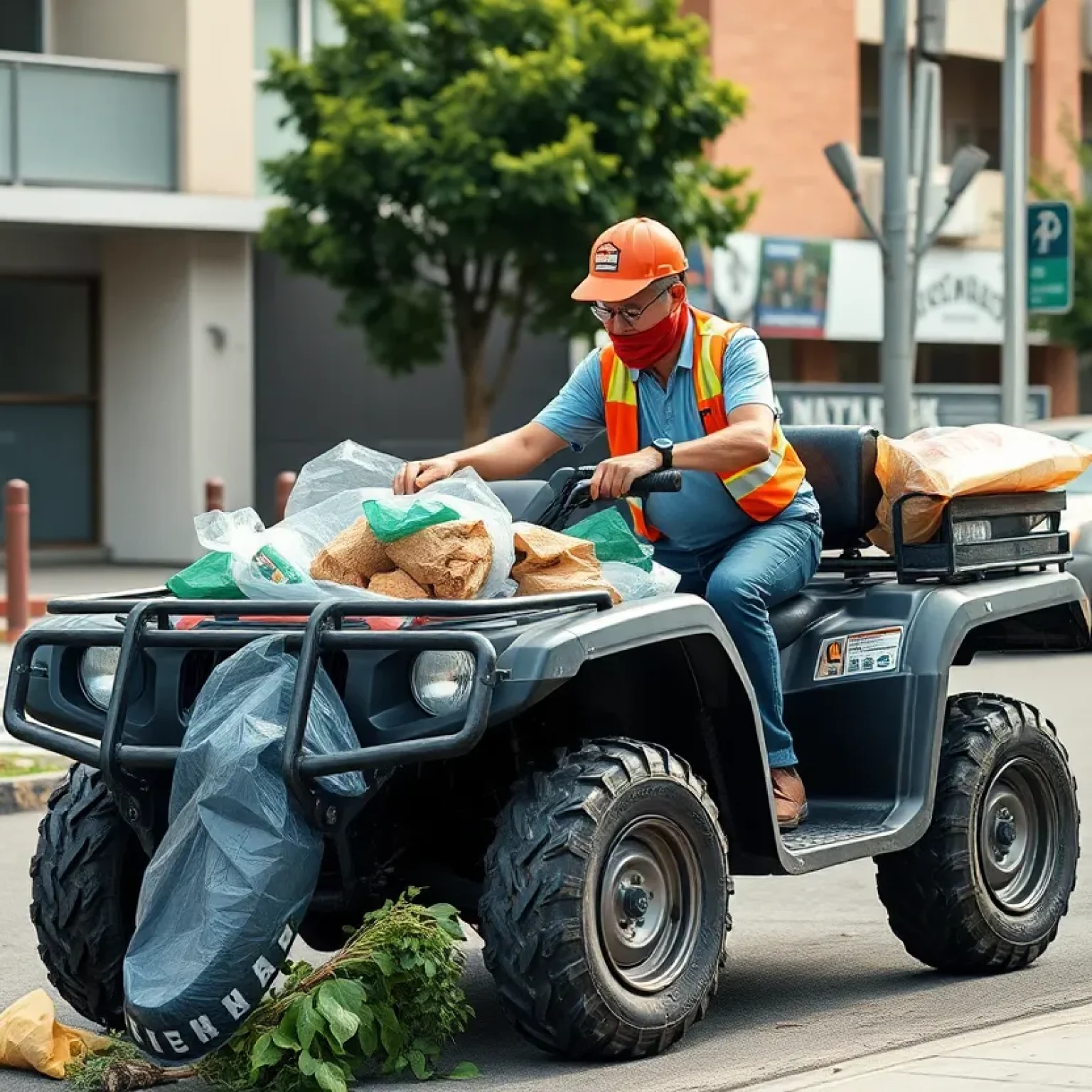 Community worker collecting trash with an ATV in Orlando