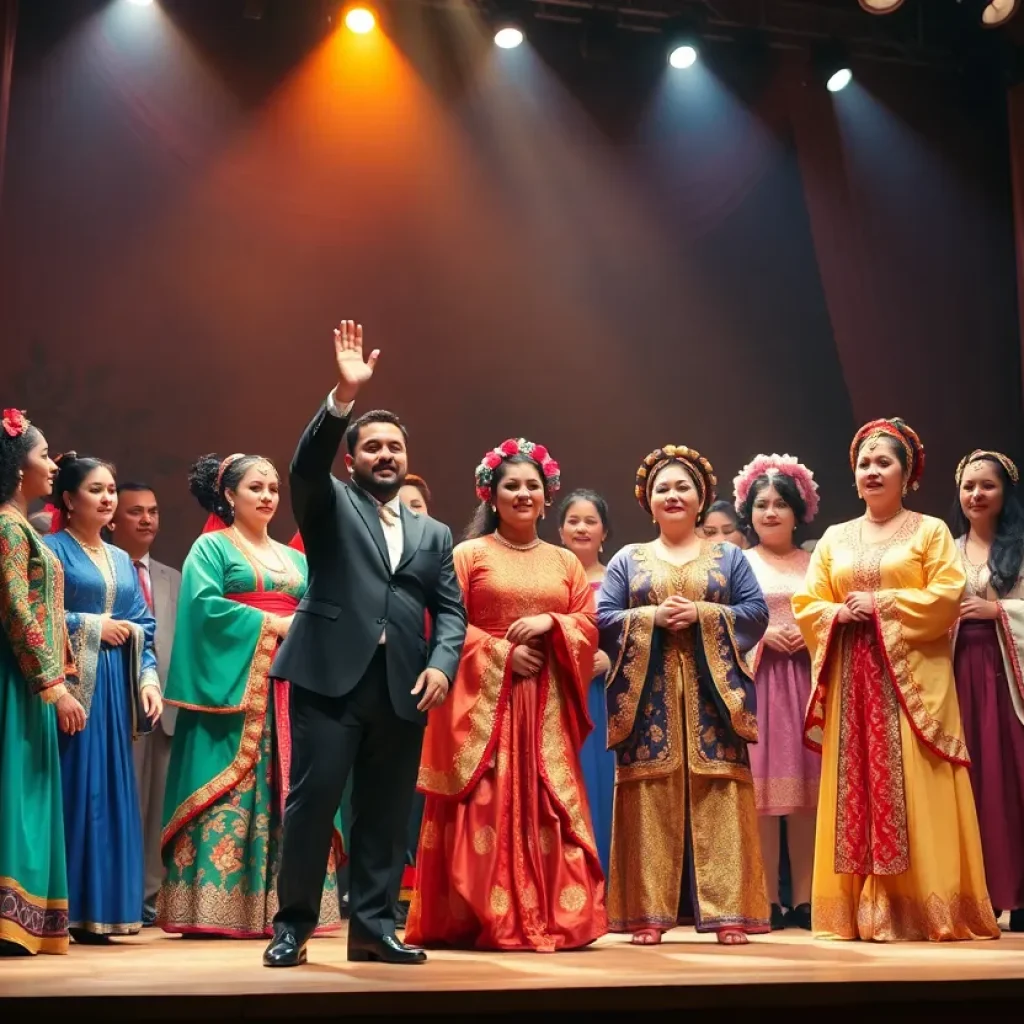 A scene from the Treemonisha opera showcasing a diverse cast on stage