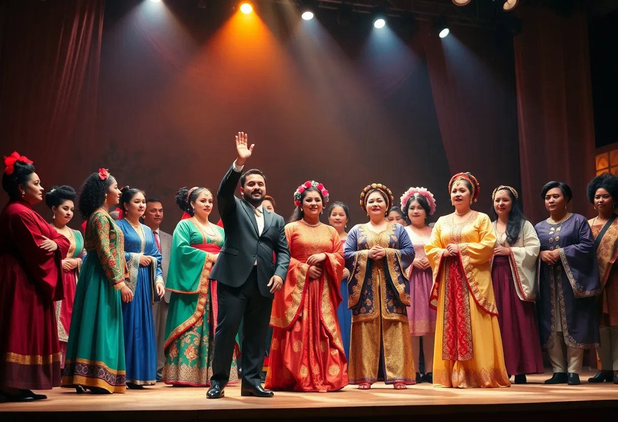 A scene from the Treemonisha opera showcasing a diverse cast on stage