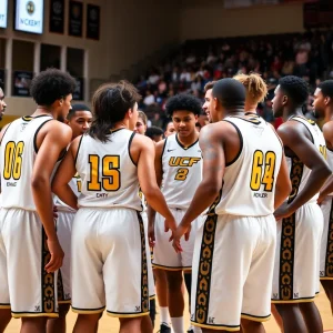 UCF basketball players in a team huddle during practice.