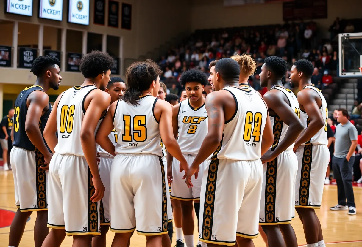 UCF basketball players in a team huddle during practice.
