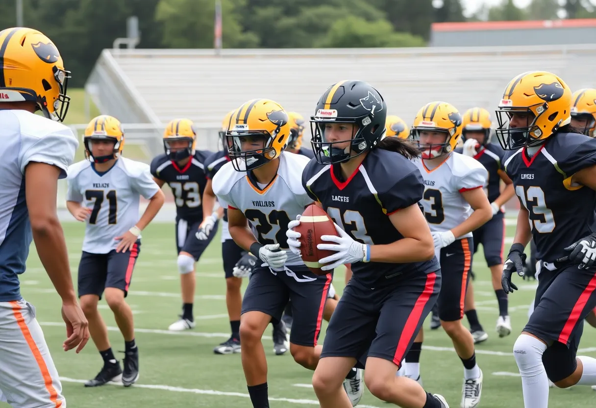 High school football athletes training together in practice