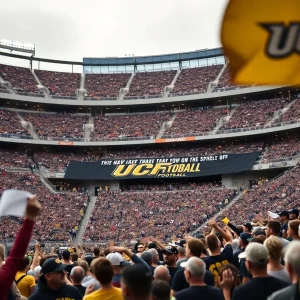 UCF football fans celebrating the return of their head coach in a packed stadium