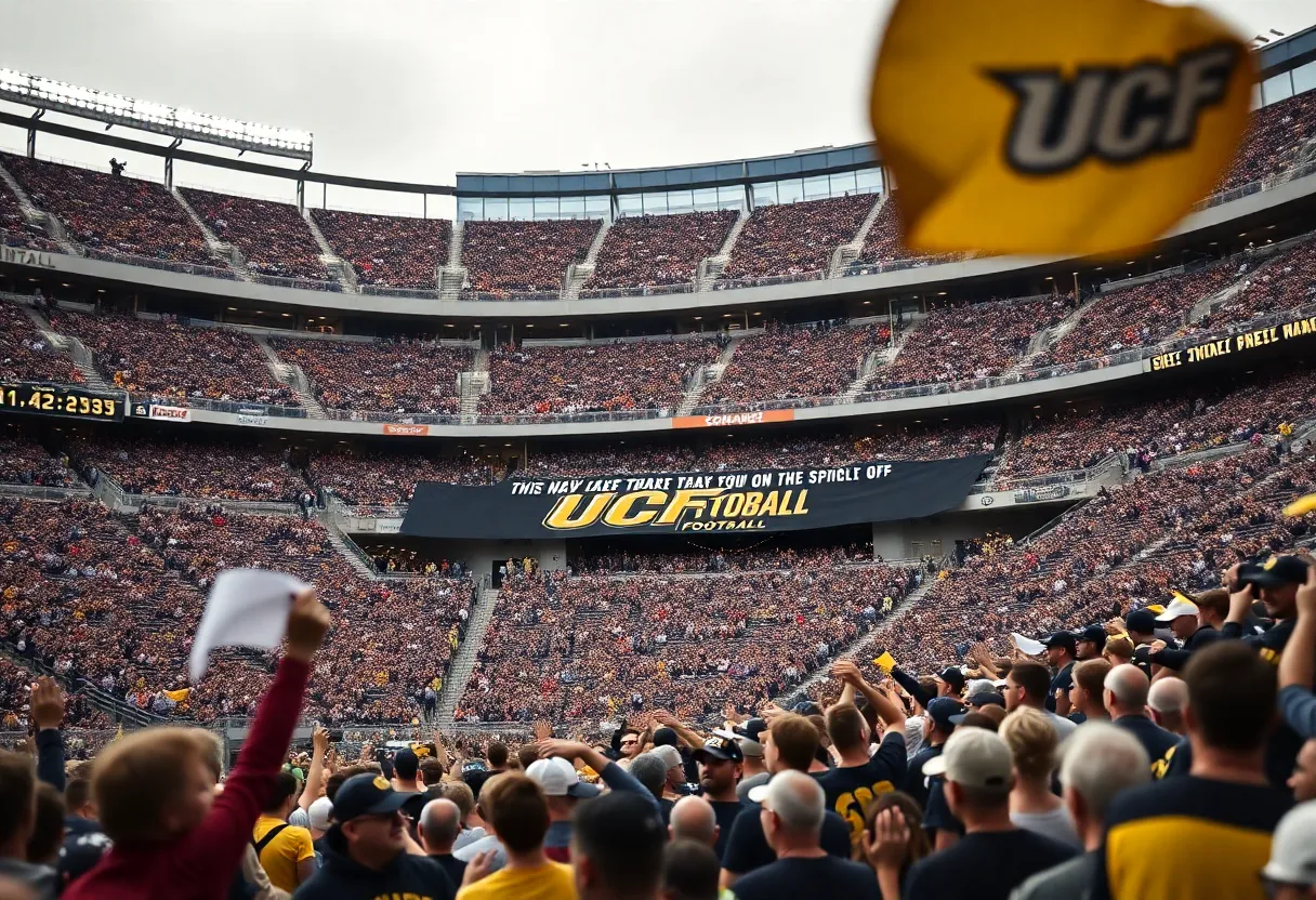UCF football fans celebrating the return of their head coach in a packed stadium