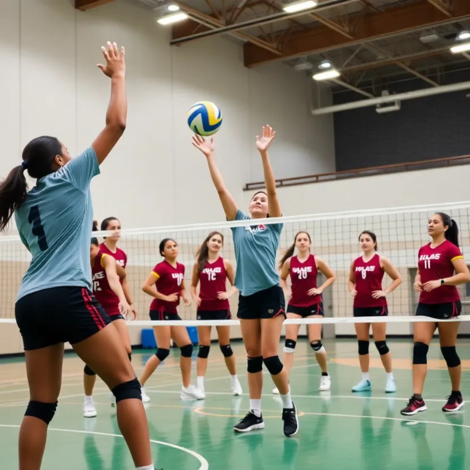 UCF volleyball team practicing together in a gymnasium