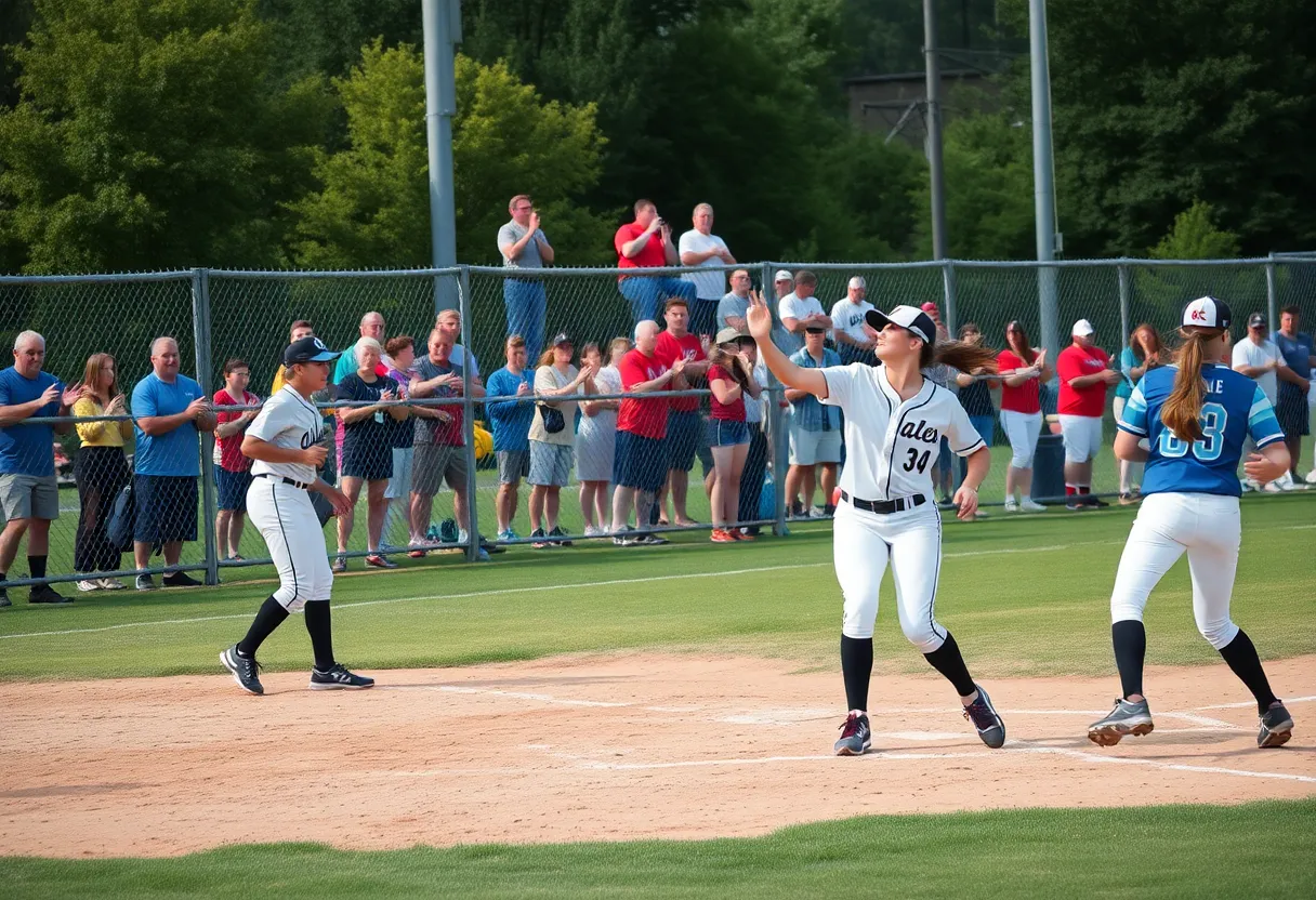 Softball players from the University of Michigan competing in a game
