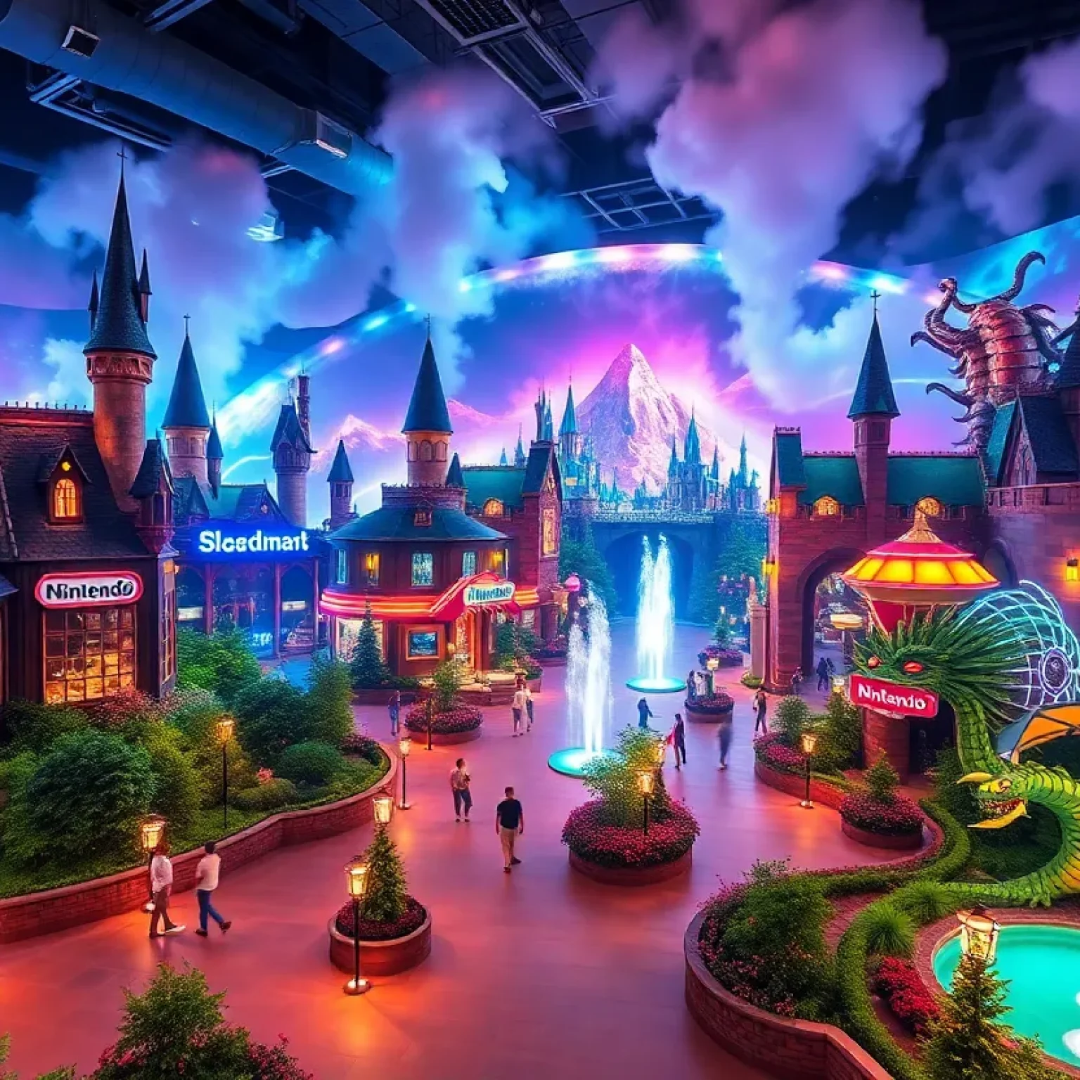 A vibrant view of the Universal Epic Universe theme park with various attractions
