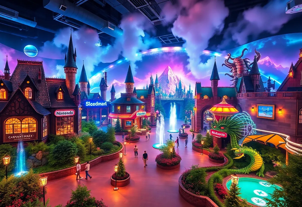 A vibrant view of the Universal Epic Universe theme park with various attractions