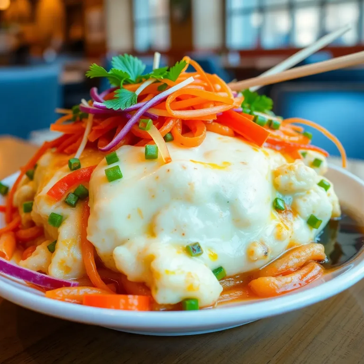 A beautifully plated vegetable egg foo young in a colorful restaurant setting.