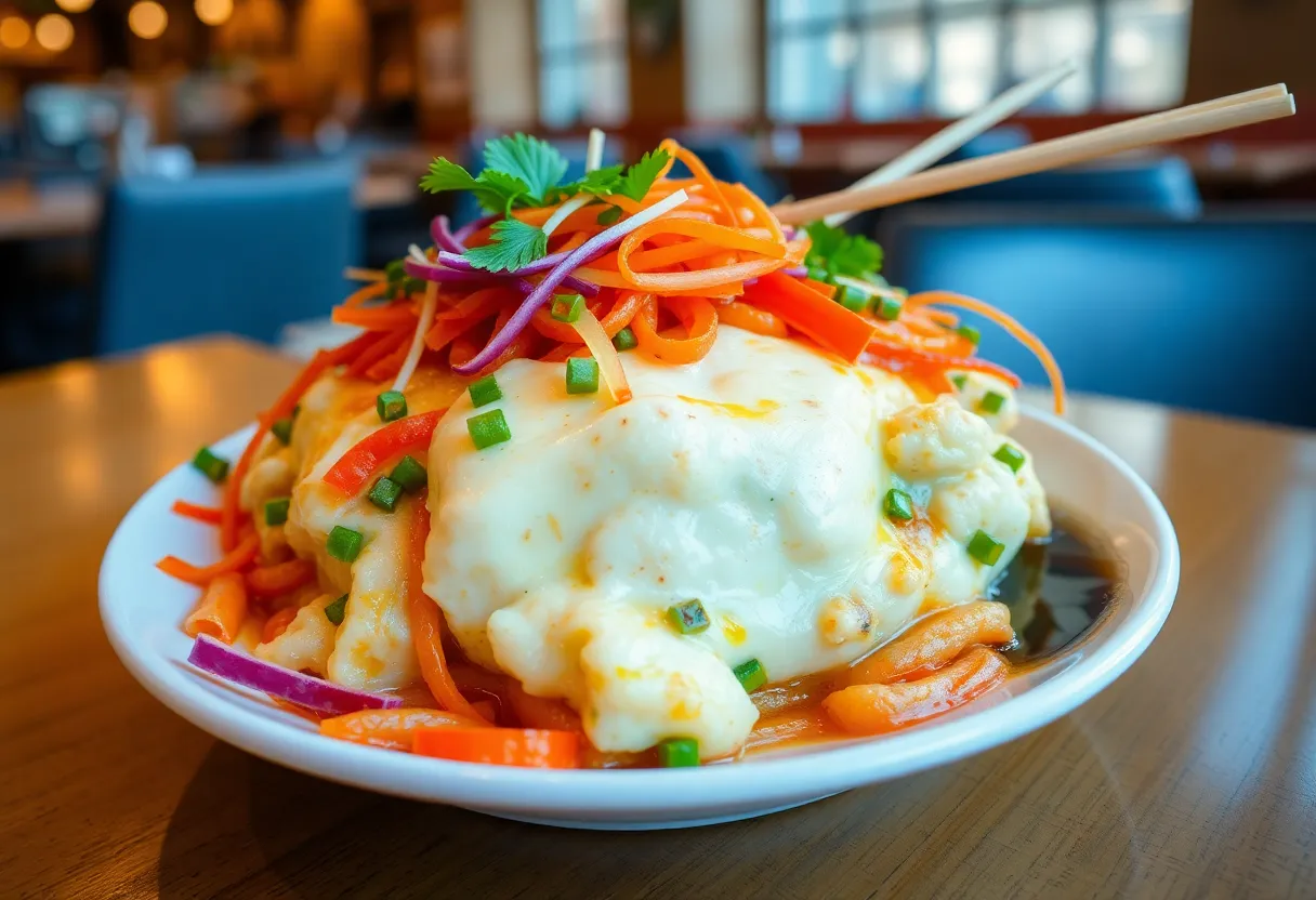 A beautifully plated vegetable egg foo young in a colorful restaurant setting.