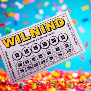 Illustration of a winning lottery ticket surrounded by confetti