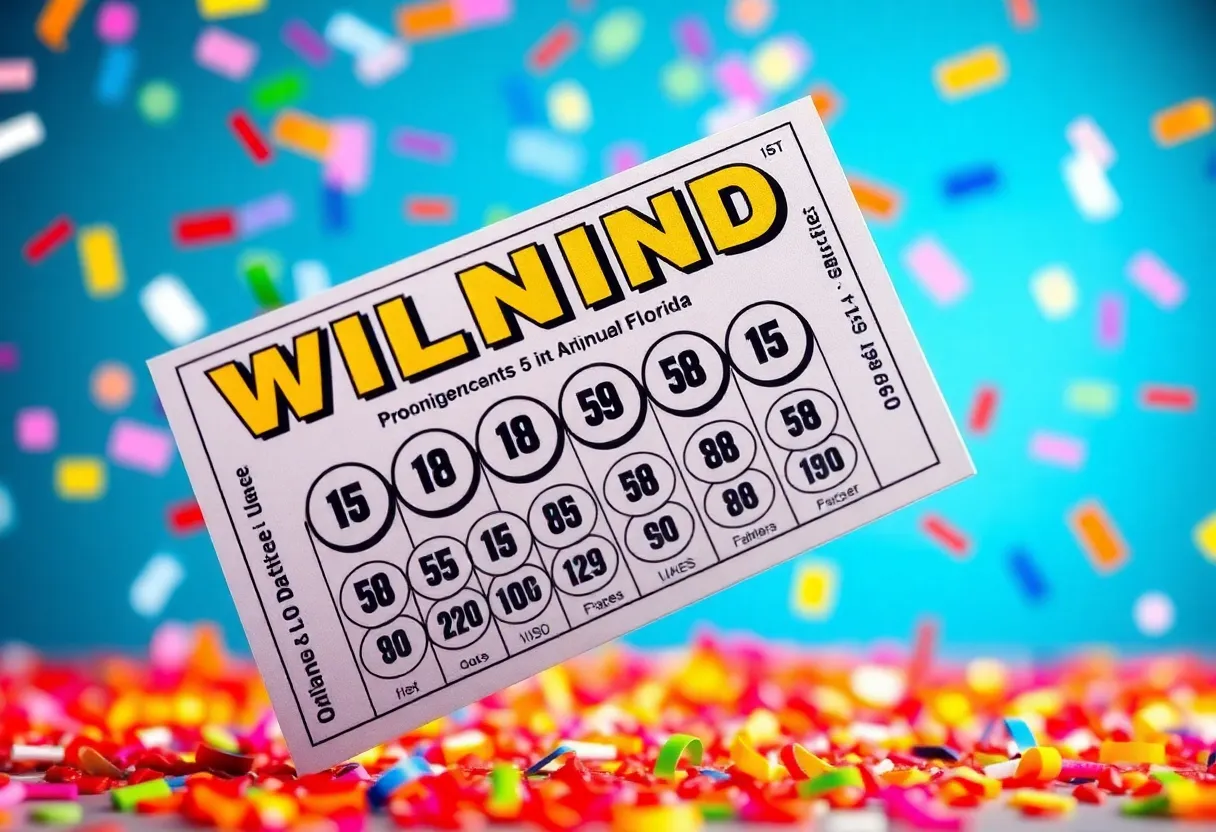 Illustration of a winning lottery ticket surrounded by confetti
