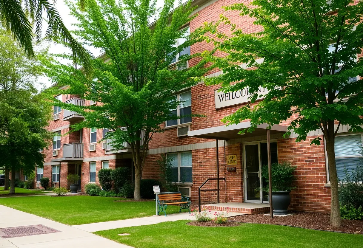 Exterior view of an apartment complex for school staff
