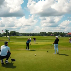 Players practicing at a golf course with mixed signals in the background