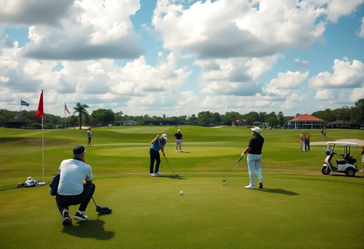 Players practicing at a golf course with mixed signals in the background