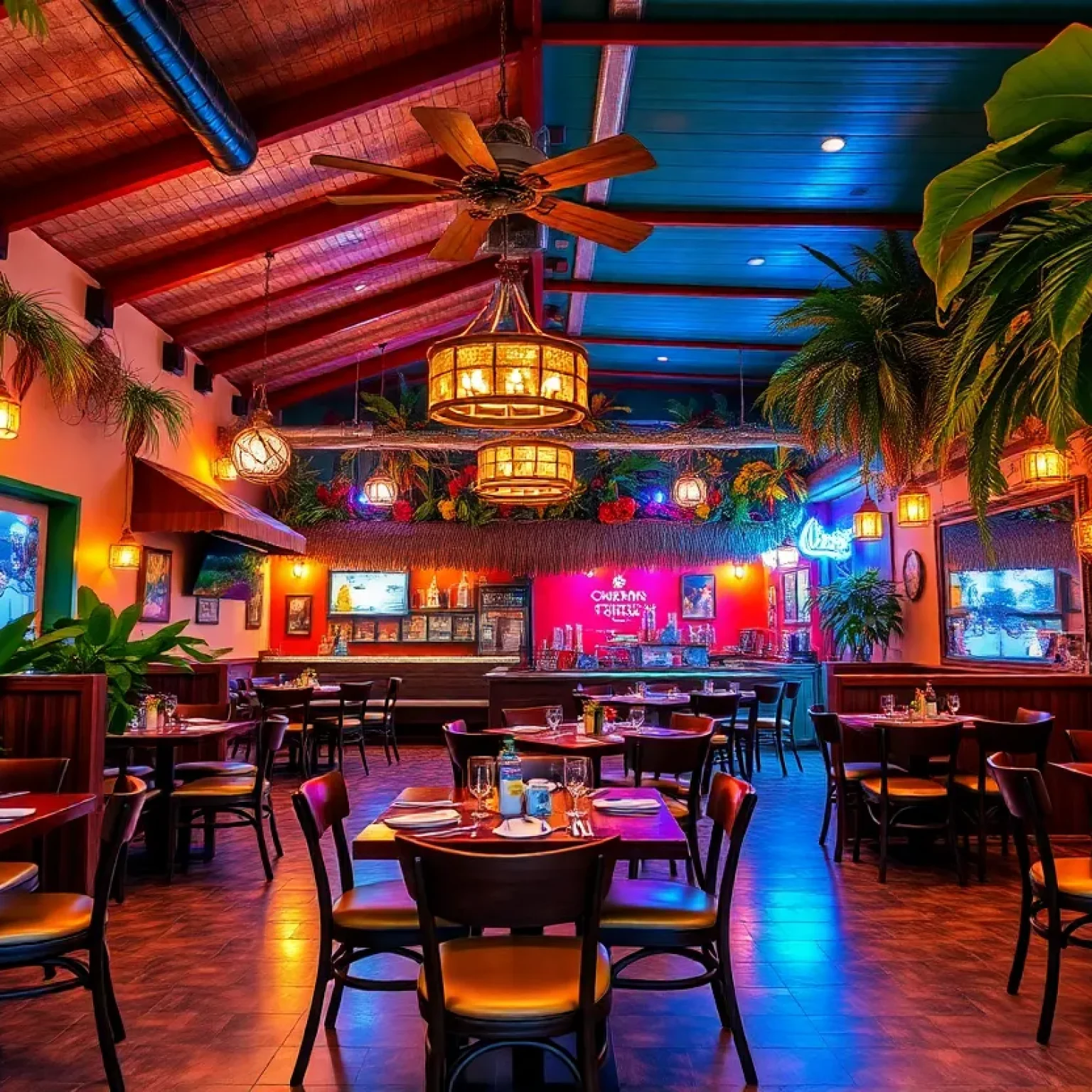 Interior view of a Bahama Breeze restaurant with tropical decor