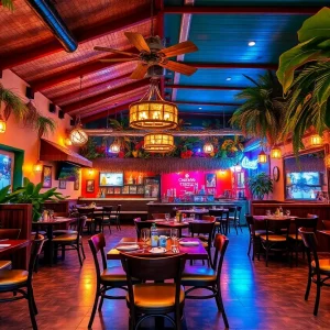 Interior view of a Bahama Breeze restaurant with tropical decor