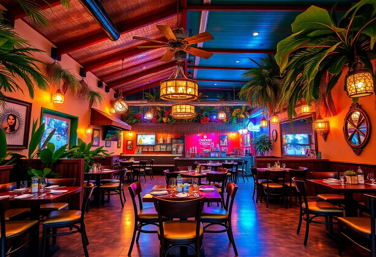Interior view of a Bahama Breeze restaurant with tropical decor