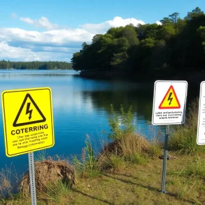 Warning signs around Bay Lake regarding sewage contamination