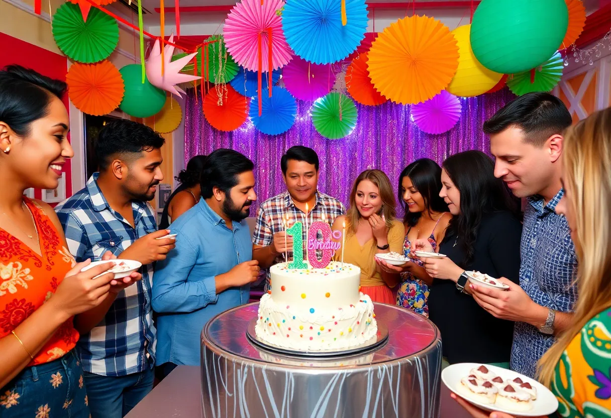 People celebrating a birthday with decorations and desserts in Orlando