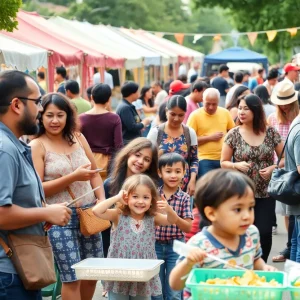 Families and children enjoying a community festival in Central Florida with colorful decorations and booths.
