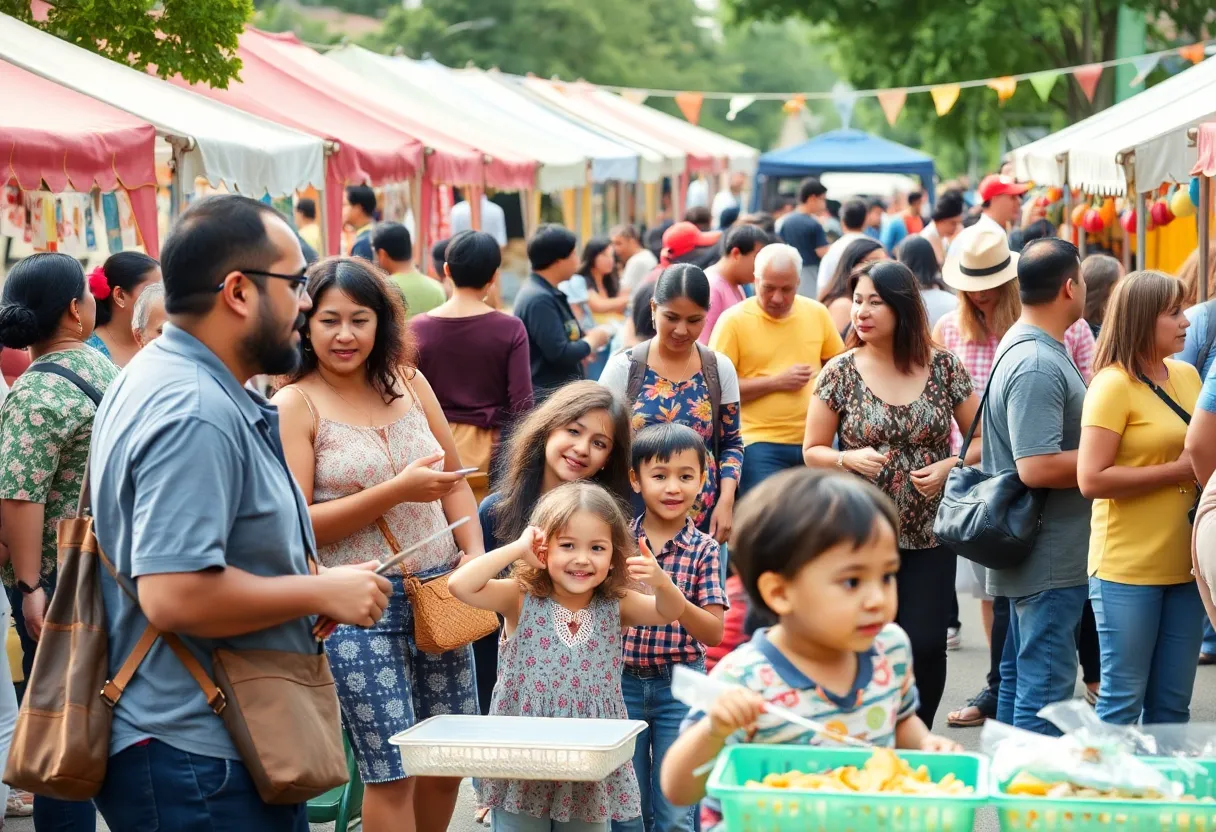 Families and children enjoying a community festival in Central Florida with colorful decorations and booths.